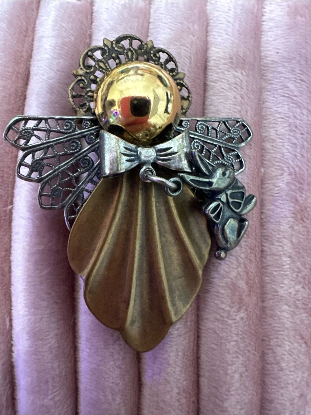Gold and Silver Angel Brooch with Rabbit Accent - Women's Jewelry
